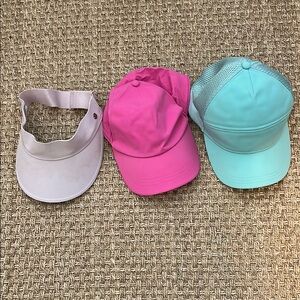 Lululemon Set of 2 hats, 1 visor in hot Pink, Aqua, and blush Adjustable size